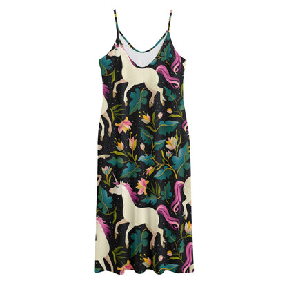 Night Floral Unicorn Pattern Print Jersey Midi Cami Dress