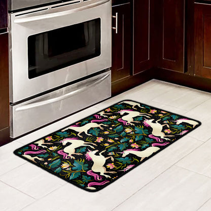 Night Floral Unicorn Pattern Print Kitchen Mat