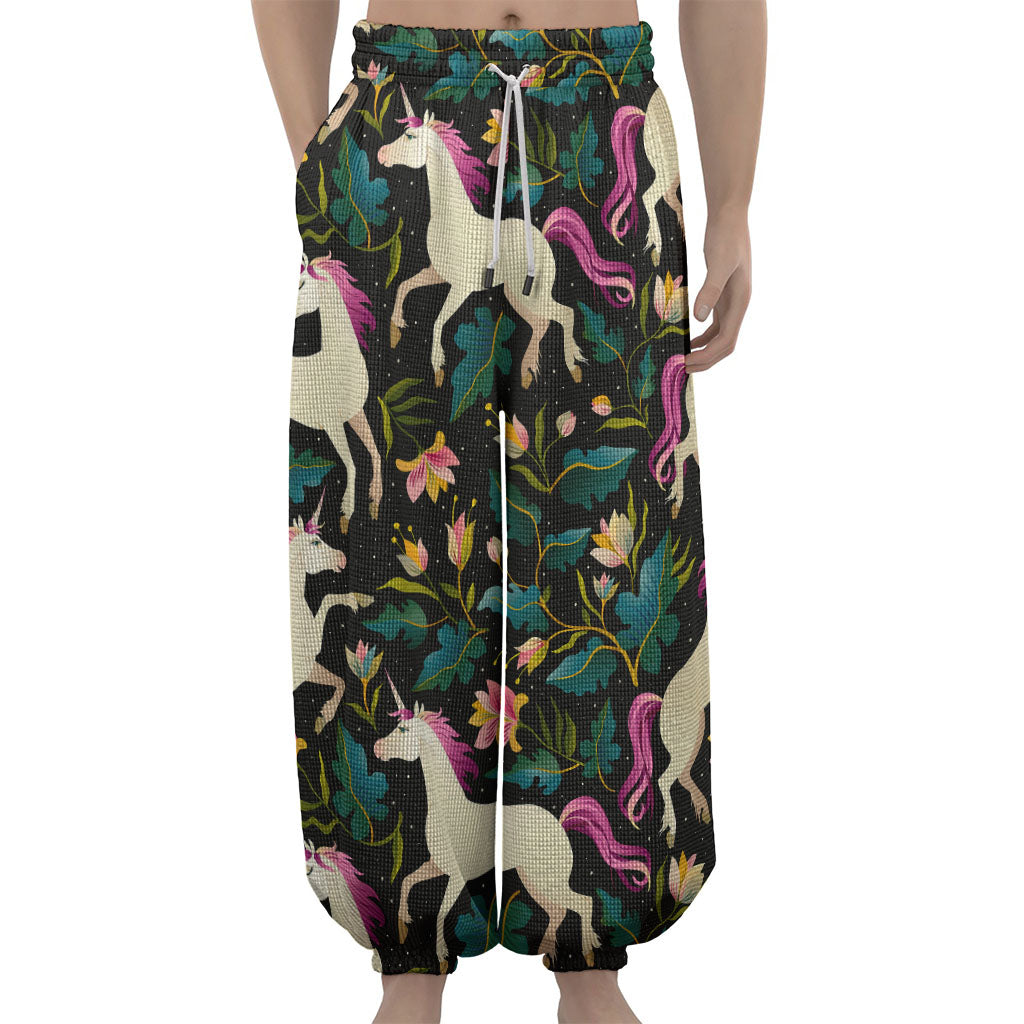 Night Floral Unicorn Pattern Print Lantern Pants