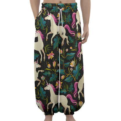 Night Floral Unicorn Pattern Print Lantern Pants