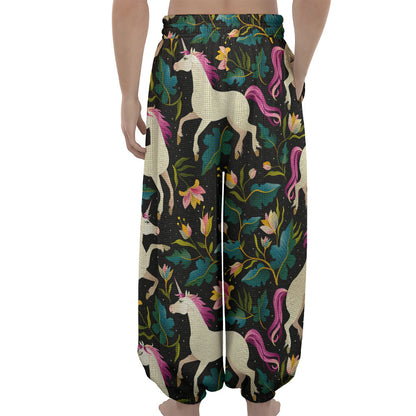 Night Floral Unicorn Pattern Print Lantern Pants