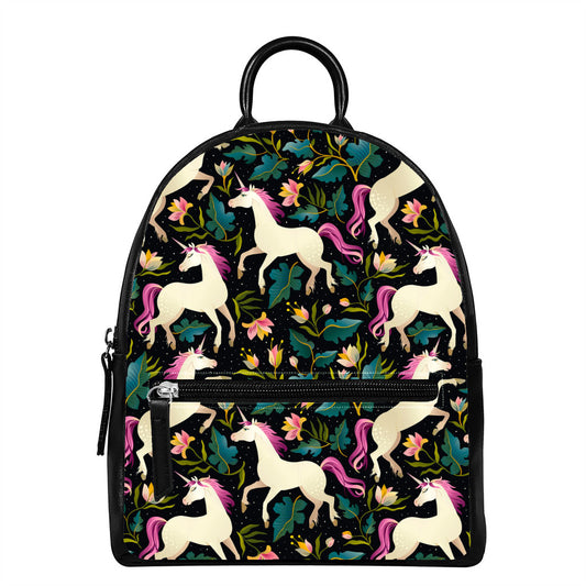 Night Floral Unicorn Pattern Print Leather Backpack