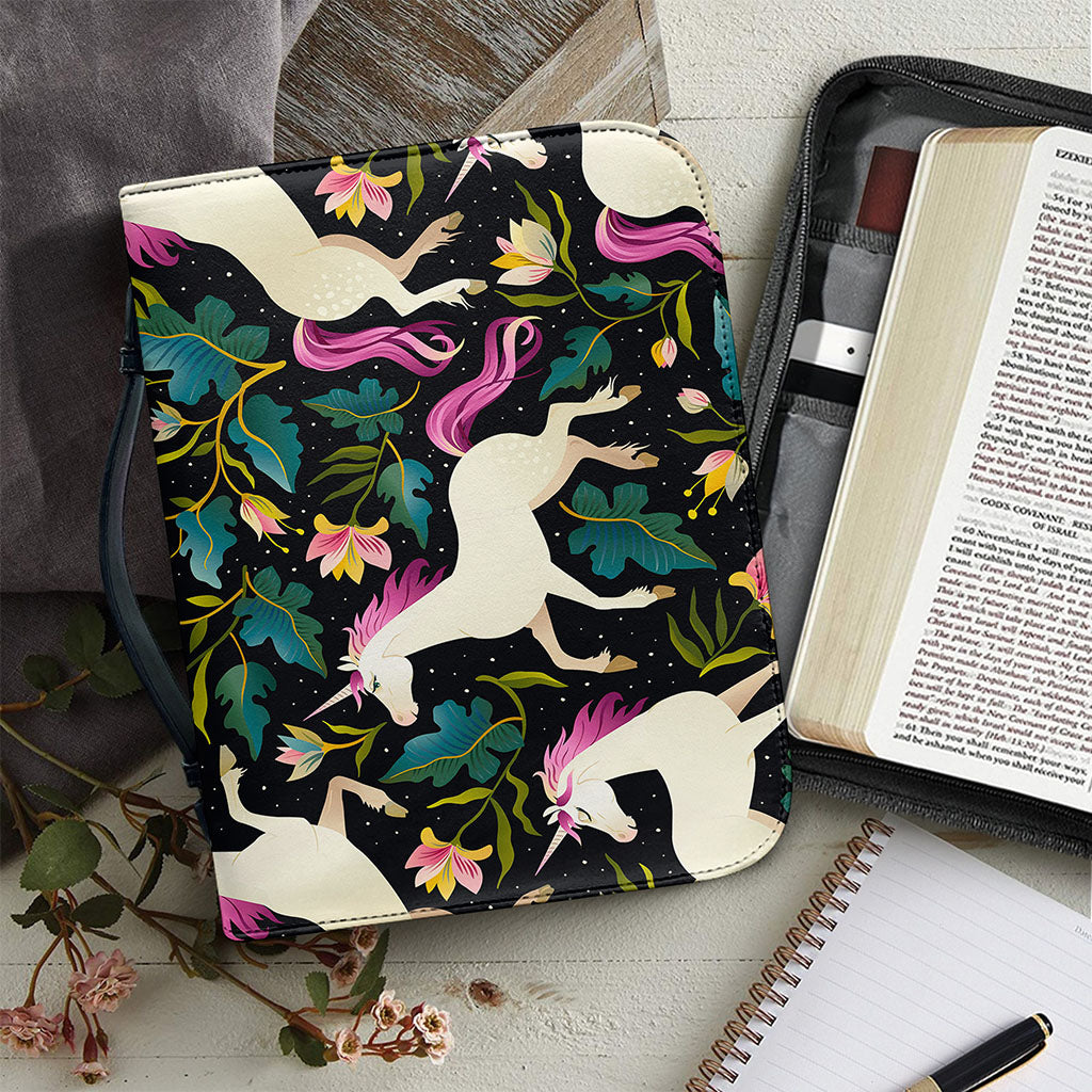 Night Floral Unicorn Pattern Print Leather Bible Cover