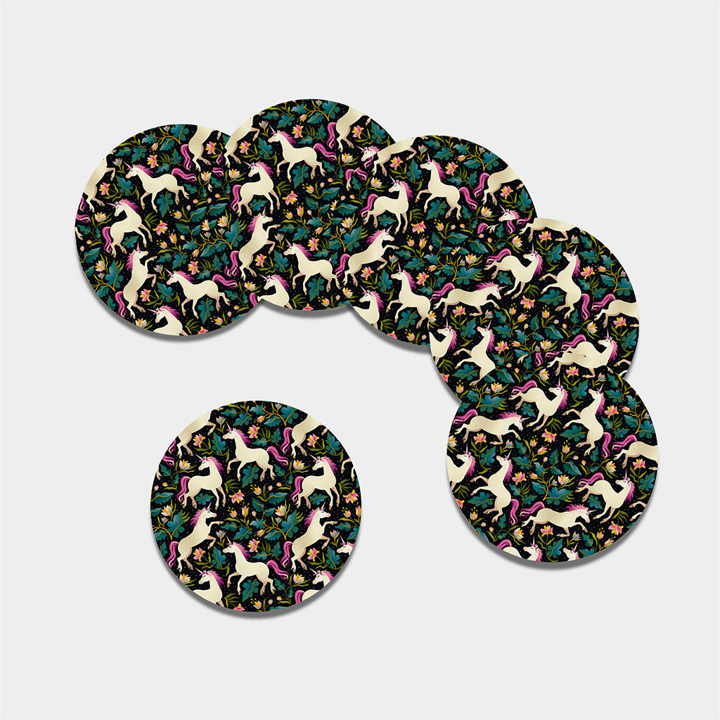 Night Floral Unicorn Pattern Print Leather Coaster Set
