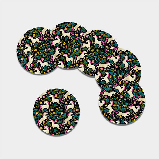 Night Floral Unicorn Pattern Print Leather Coaster Set