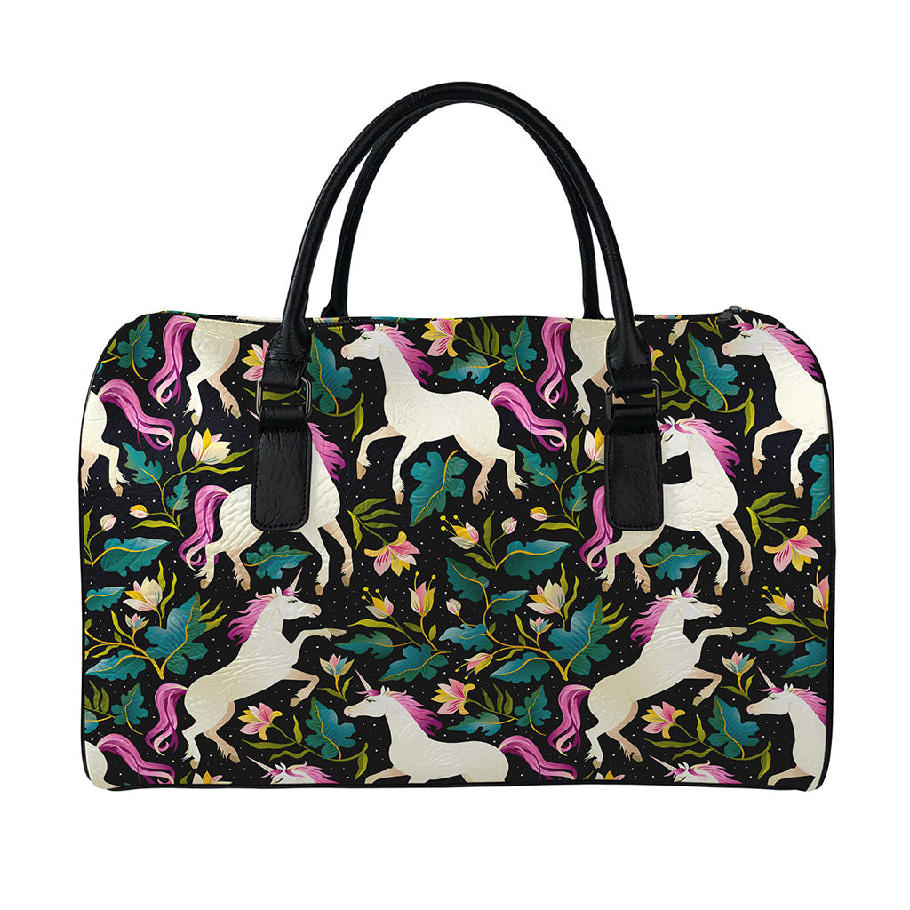 Night Floral Unicorn Pattern Print Leather Duffle Bag