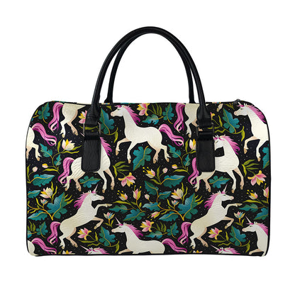 Night Floral Unicorn Pattern Print Leather Duffle Bag