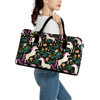 Night Floral Unicorn Pattern Print Leather Duffle Bag