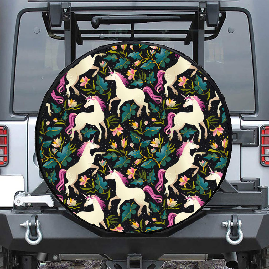 Night Floral Unicorn Pattern Print Leather Spare Tire Cover