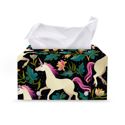 Night Floral Unicorn Pattern Print Leather Tissue Box Cover