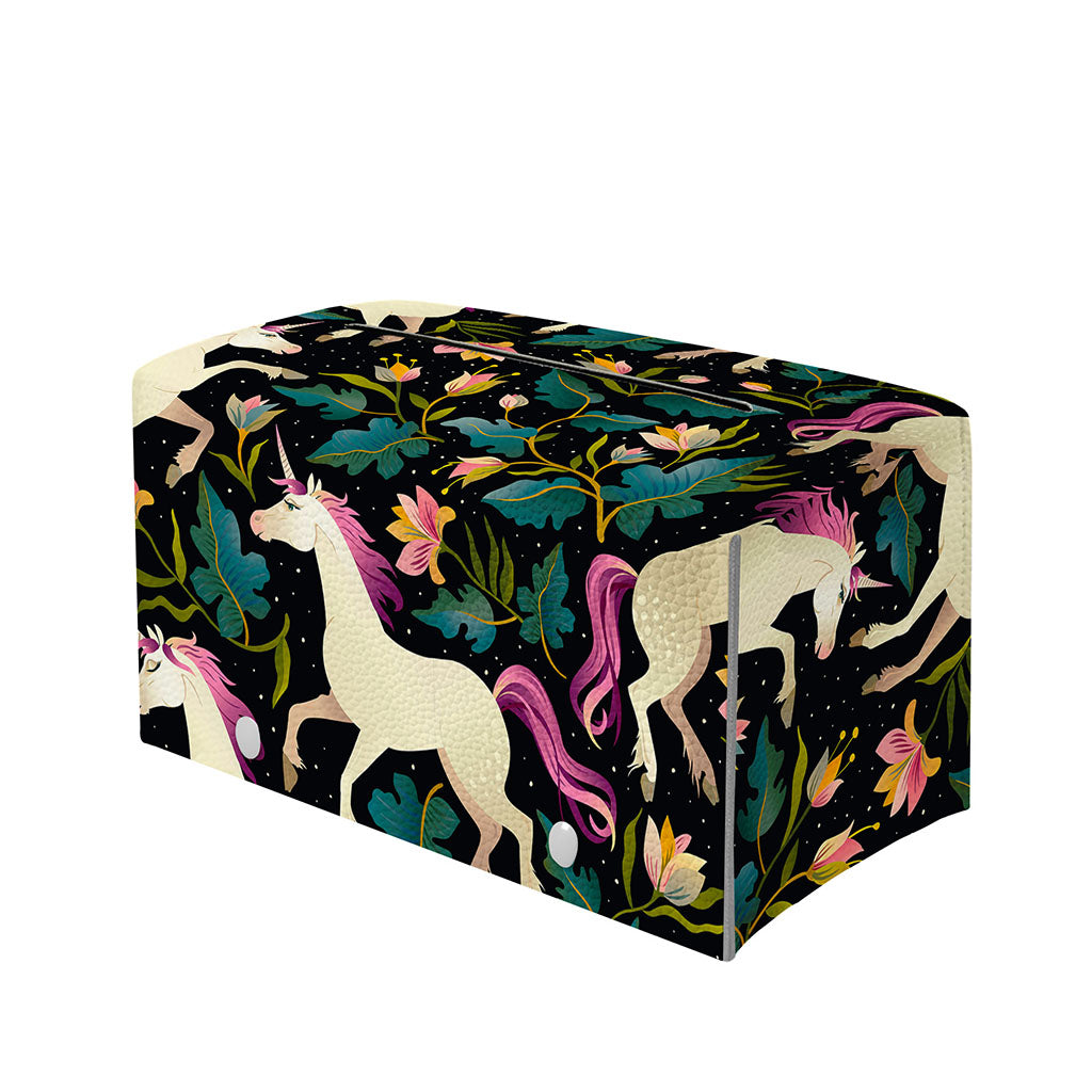 Night Floral Unicorn Pattern Print Leather Tissue Box Cover