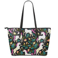 Night Floral Unicorn Pattern Print Leather Tote Bag With Zipper