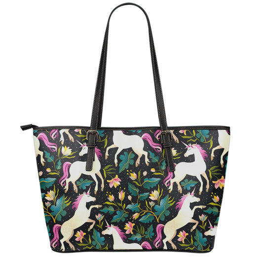 Night Floral Unicorn Pattern Print Leather Tote Bag