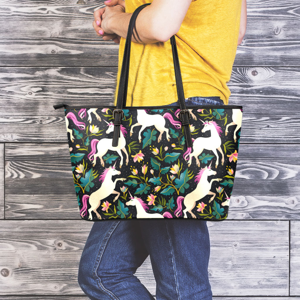 Night Floral Unicorn Pattern Print Leather Tote Bag