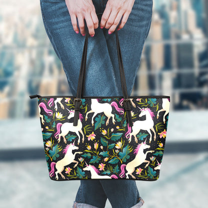 Night Floral Unicorn Pattern Print Leather Tote Bag