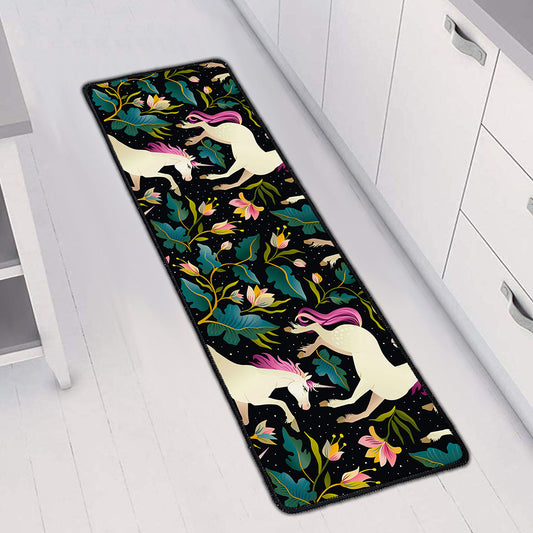Night Floral Unicorn Pattern Print Long Kitchen Mat