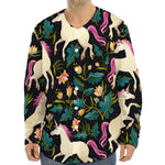 Night Floral Unicorn Pattern Print Long Sleeve Baseball Jersey