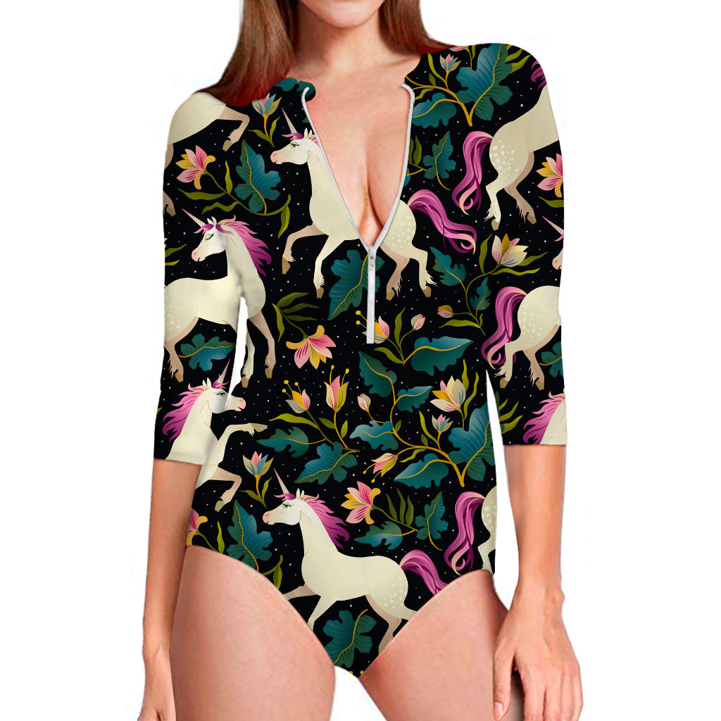 Night Floral Unicorn Pattern Print Long Sleeve Swimsuit