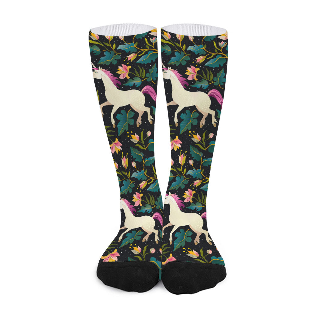 Night Floral Unicorn Pattern Print Long Socks