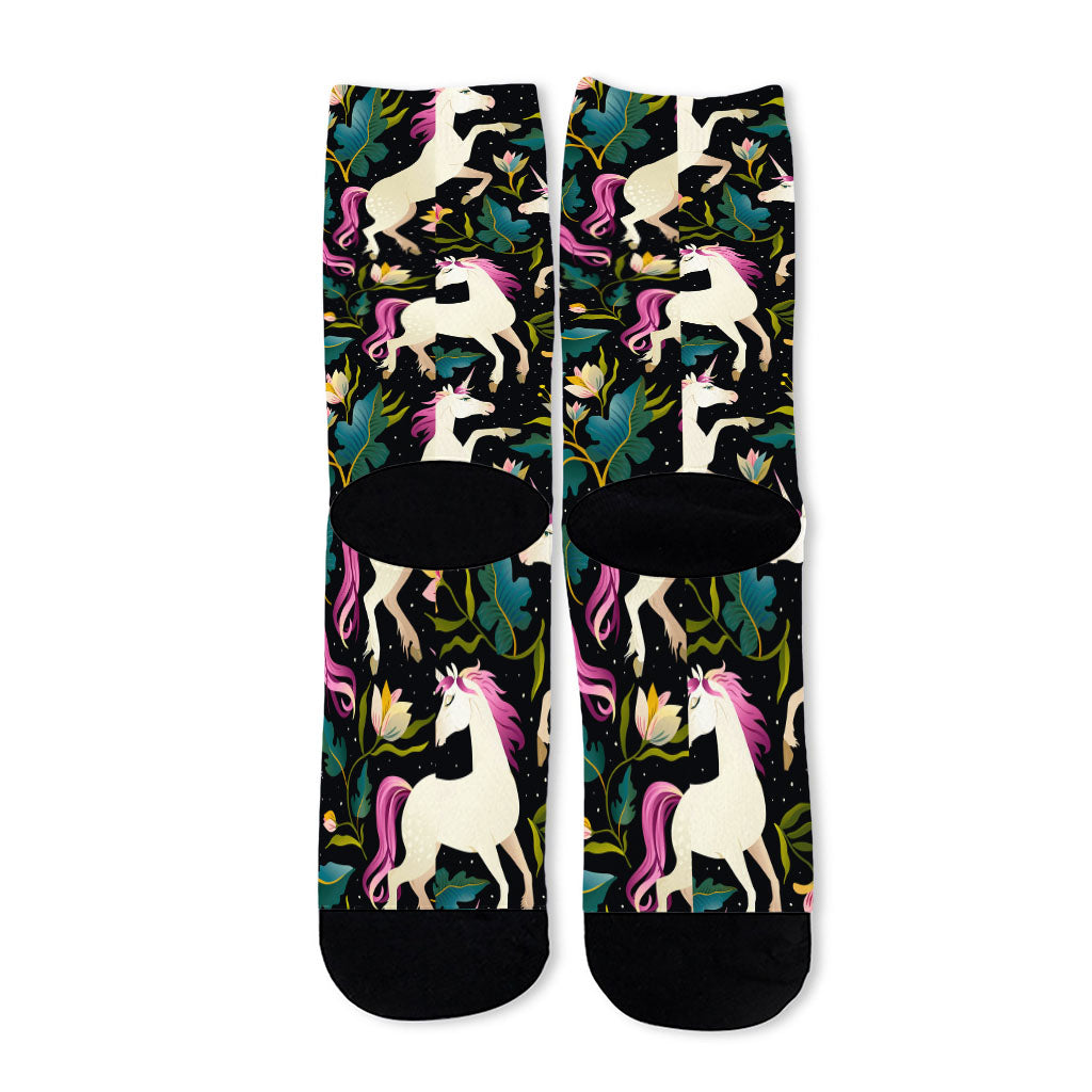 Night Floral Unicorn Pattern Print Long Socks