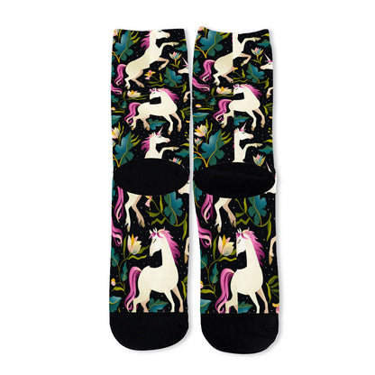 Night Floral Unicorn Pattern Print Long Socks