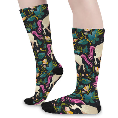 Night Floral Unicorn Pattern Print Long Socks