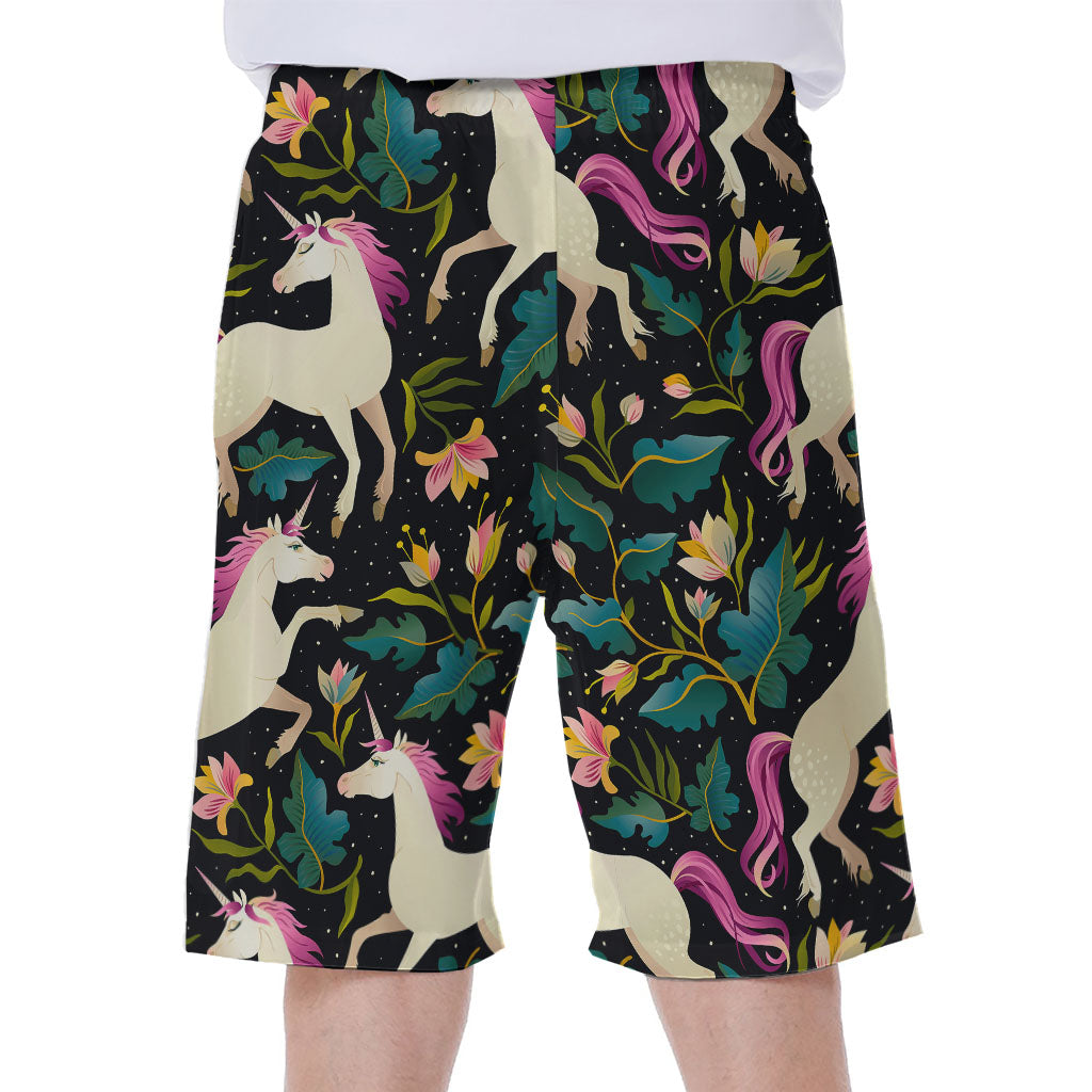 Night Floral Unicorn Pattern Print Men's Beach Shorts