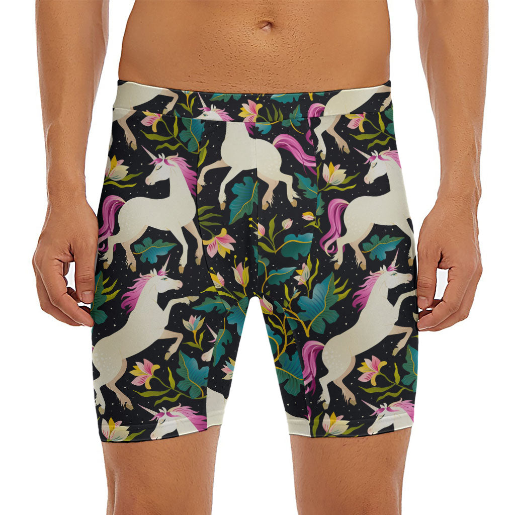 Night Floral Unicorn Pattern Print Men's Long Boxer Briefs