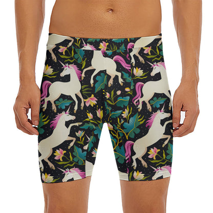 Night Floral Unicorn Pattern Print Men's Long Boxer Briefs