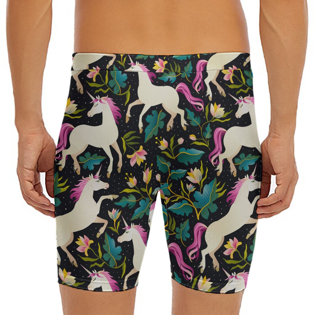 Night Floral Unicorn Pattern Print Men's Long Boxer Briefs