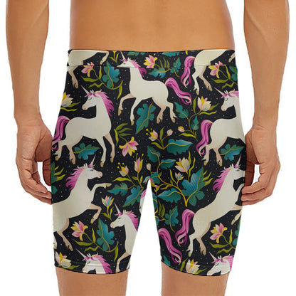 Night Floral Unicorn Pattern Print Men's Long Boxer Briefs