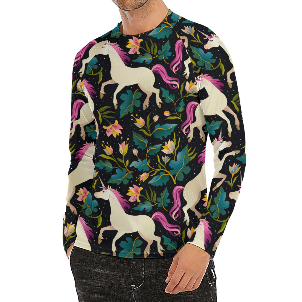 Night Floral Unicorn Pattern Print Men's Long Sleeve Rash Guard