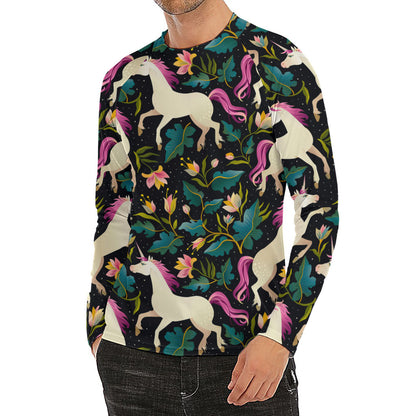 Night Floral Unicorn Pattern Print Men's Long Sleeve Rash Guard