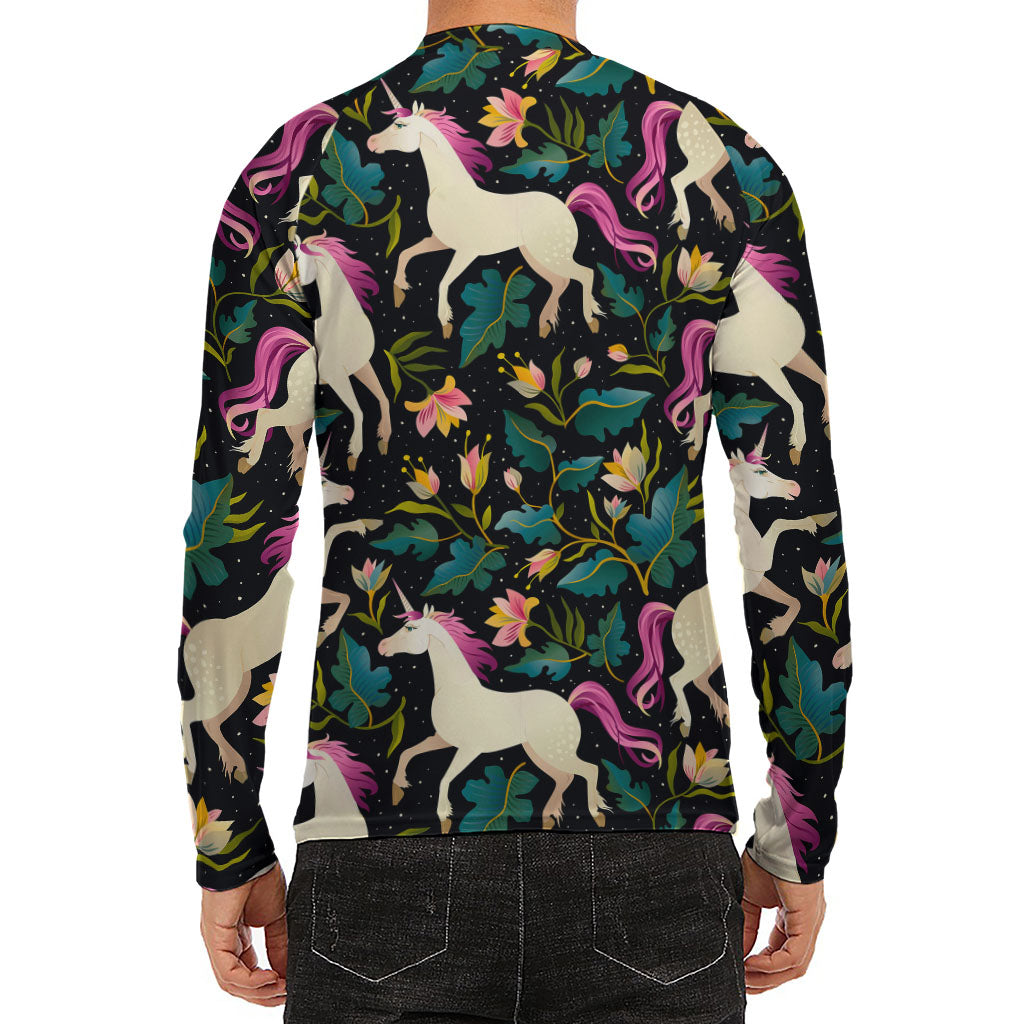 Night Floral Unicorn Pattern Print Men's Long Sleeve Rash Guard