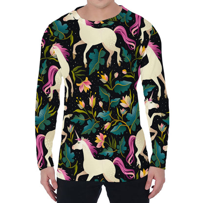 Night Floral Unicorn Pattern Print Men's Long Sleeve T-Shirt