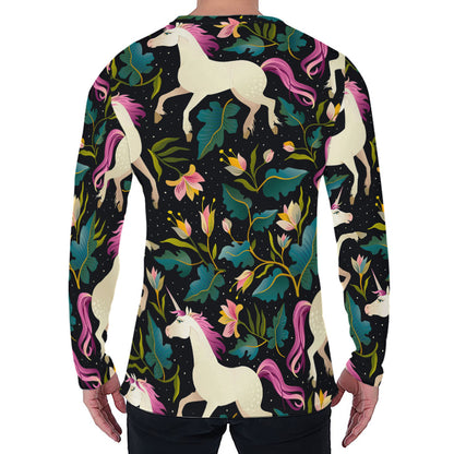 Night Floral Unicorn Pattern Print Men's Long Sleeve T-Shirt