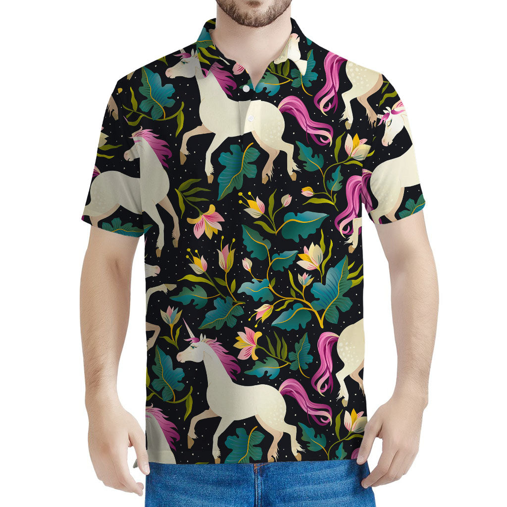 Night Floral Unicorn Pattern Print Men's Polo Shirt