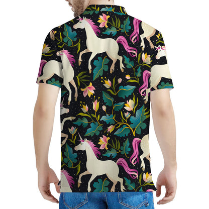 Night Floral Unicorn Pattern Print Men's Polo Shirt