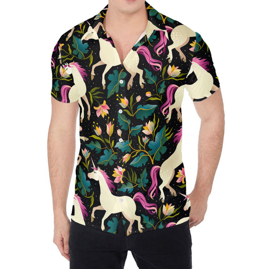Night Floral Unicorn Pattern Print Men's Shirt