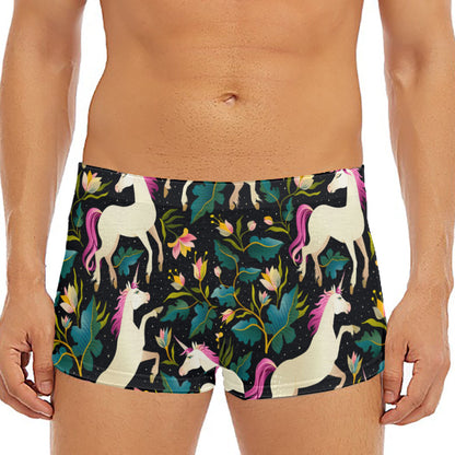 Night Floral Unicorn Pattern Print Men's Short Boxer Briefs