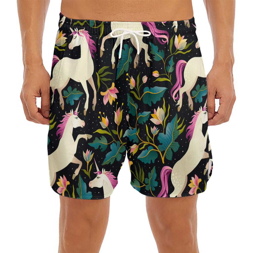 Night Floral Unicorn Pattern Print Men's Split Running Shorts