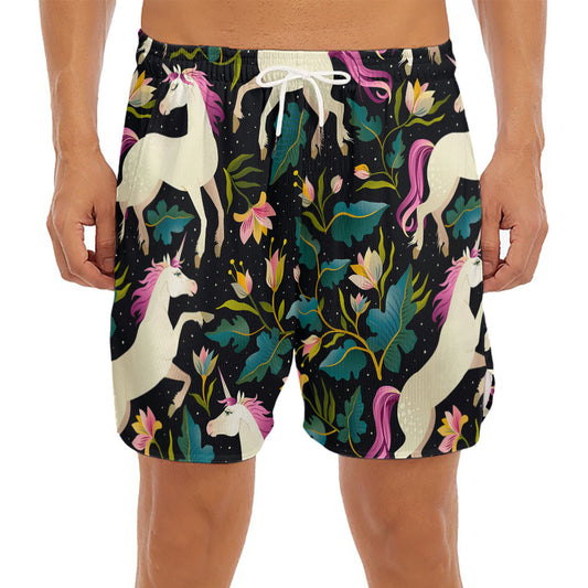 Night Floral Unicorn Pattern Print Men's Split Running Shorts