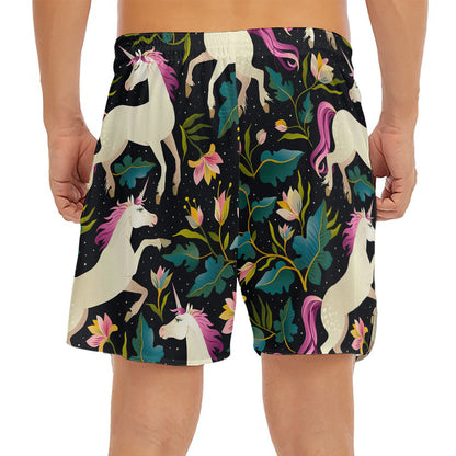 Night Floral Unicorn Pattern Print Men's Split Running Shorts