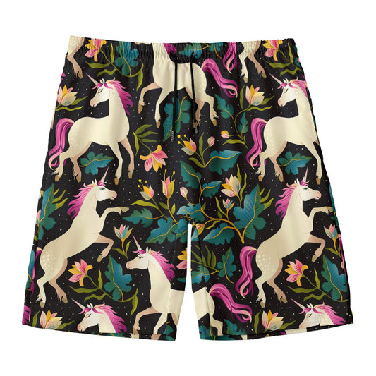 Night Floral Unicorn Pattern Print Men's Swim Trunks