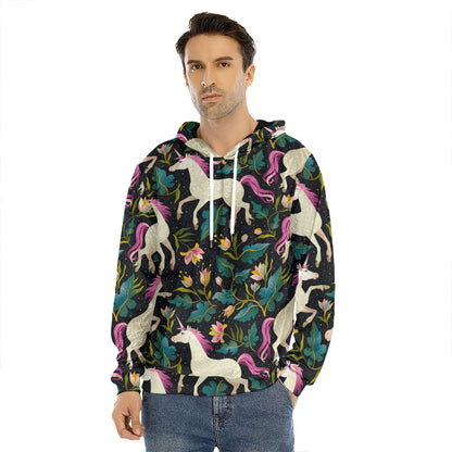 Night Floral Unicorn Pattern Print Men's Velvet Pullover Hoodie
