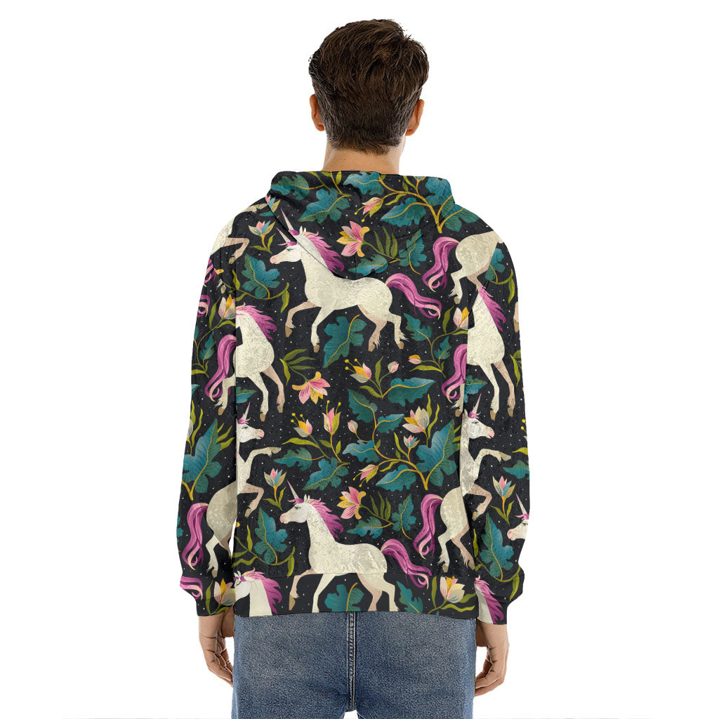 Night Floral Unicorn Pattern Print Men's Velvet Pullover Hoodie