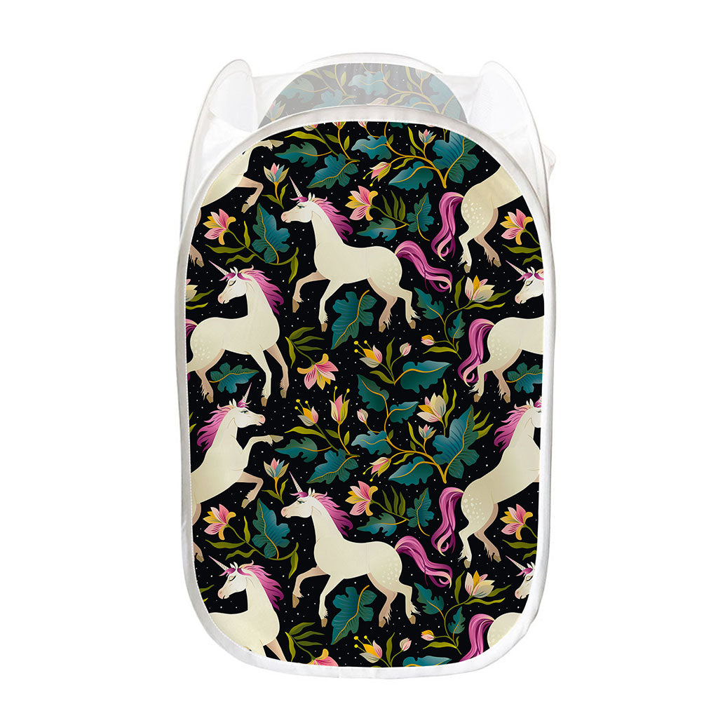 Night Floral Unicorn Pattern Print Mesh Laundry Hamper