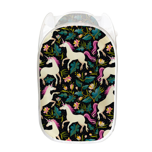 Night Floral Unicorn Pattern Print Mesh Laundry Hamper