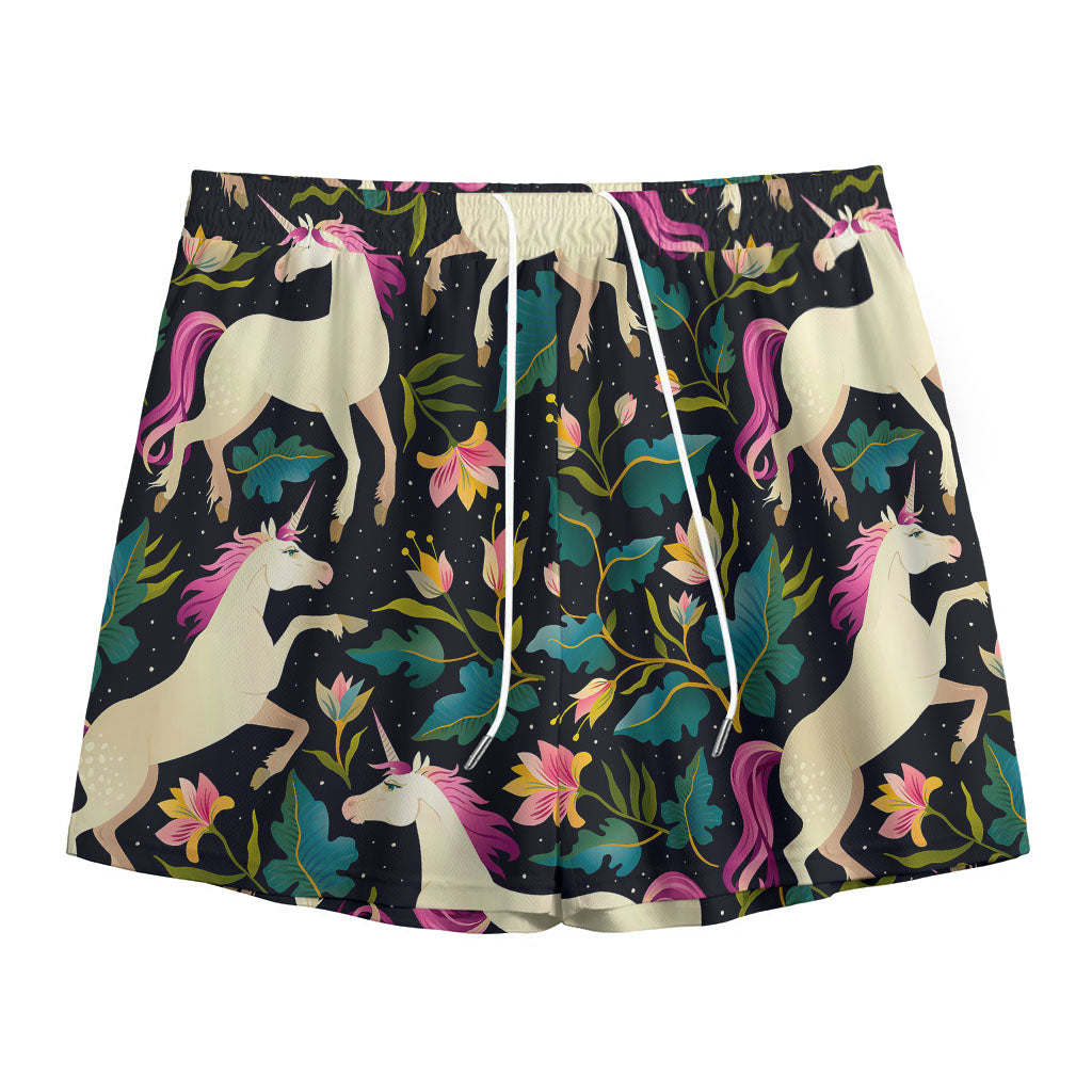 Night Floral Unicorn Pattern Print Mesh Shorts