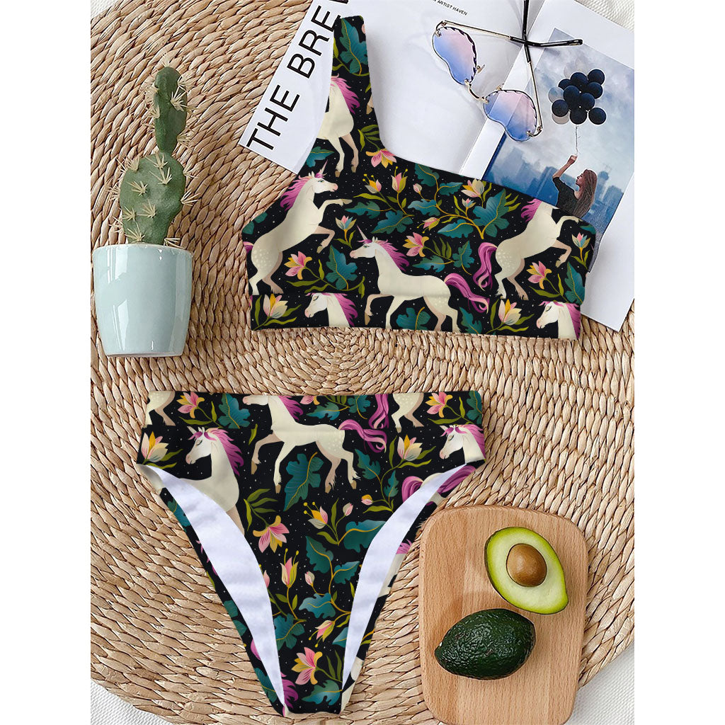 Night Floral Unicorn Pattern Print One Shoulder Bikini Top